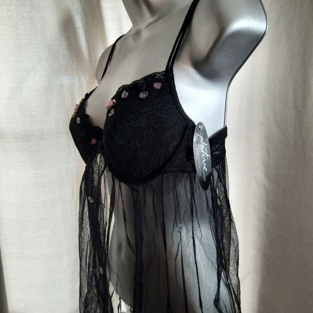 Native Intimates / Spicy Black Baby Doll with flowers and beading